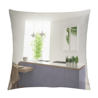 Personality  Modern Clean Contemporary Purple Kitchen, Island And Wooden Dining Table With Chairs, Bamboo And Potted Plants, Big Window And Herringbone Parquet Floor, Minimalist Interior Design Pillow Covers