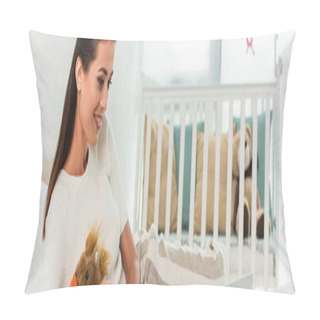Personality  Young Woman With Soft Toy Looking At Laptop In Bedroom, Banner  Pillow Covers