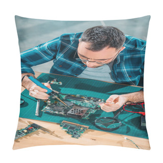 Personality  Top View Of Engineer In Glasses Working With Pc Parts Pillow Covers