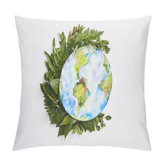 Personality  Composition Of Fresh Green Fern Leaves And Planet Picture Isolated On Grey Background, Earth Day Concept Pillow Covers