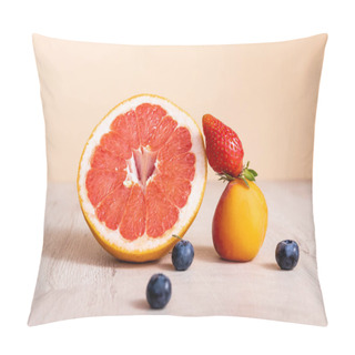 Personality  Fruit Composition With Berries, Grapefruit And Apricot On Wooden Surface Isolated On Beige Pillow Covers