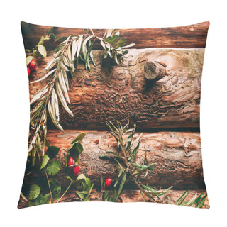 Personality  Flat Lay With Autumn Arrangement With Common Sea Buckthorn And Briar Branches On Wooden Backdrop Pillow Covers