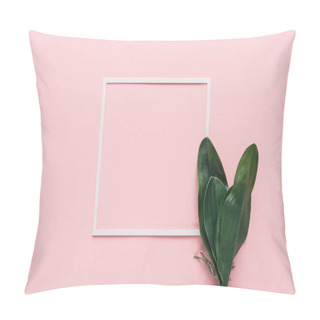 Personality  Elevated View Of White Frame And Green Tropical Leaves On Pink, Minimalistic Concept Pillow Covers