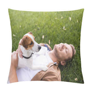 Personality  High Angle View Of Man With Jack Russell Terrier Dog Lying On Green Lawn With Closed Eyes Pillow Covers