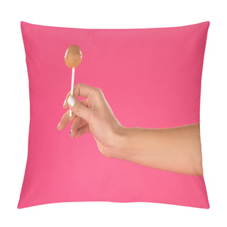 Personality  Cropped Image Of Girl Holding Lollipop In Hand Isolated On Pink Pillow Covers