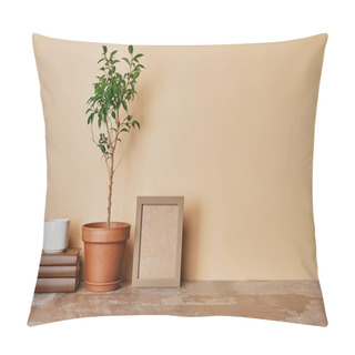 Personality  Plant In Flowepot, Books And Photo Frame On Table On Beige Background Pillow Covers
