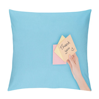 Personality  Cropped Person Holding Colorful Sticky Notes With Thank You Lettering Isolated On Blue Background Pillow Covers