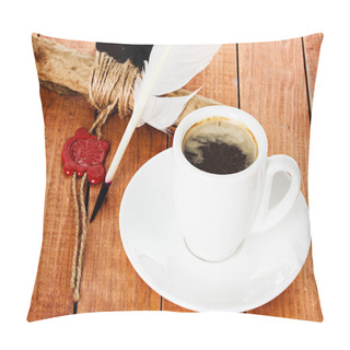 Personality  Cup Of Coffee With A Quill Pen And Inkwell On Wooden Background Pillow Covers