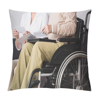 Personality  Cropped View Of Social Worker Showing Family Photos To Handicapped Man On Blurred Background Pillow Covers