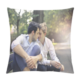 Personality  Gay Couple Sharing An Intimate Moment In A Park On A Sunny Day. Pillow Covers