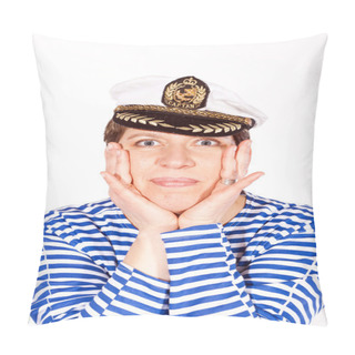 Personality  Middle Aged Female Dressed As Sailor In Striped Shirt And Captain Hat Posin Pillow Covers