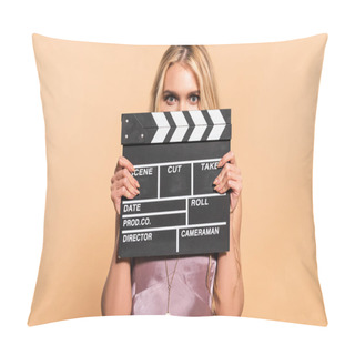 Personality  Blonde Woman In Violet Satin Dress Holding Movie Clapper Board In Front Of Face On Beige Background Pillow Covers