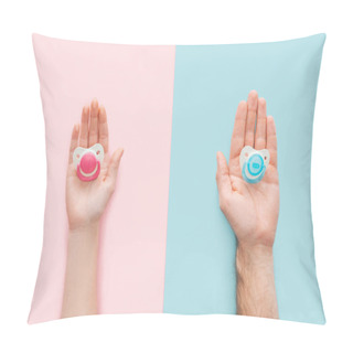 Personality  Partial View Of Woman And Man Holding Pacifiers On Blue And Pink Background Pillow Covers