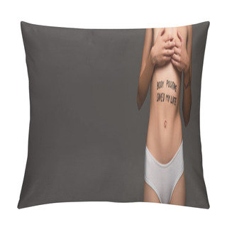 Personality  Cropped View Of Woman With Body Positive Saved My Life Inscription On Belly Isolated On Dark Grey, Banner Pillow Covers