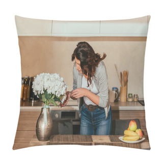 Personality  Attractive Woman Touching Flowers In Vase Near Fruits On Kitchen Table  Pillow Covers