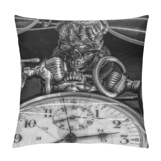 Personality  Still Life With Ancient Watches, Glasses And Skull Seal Stamp In Monochrome, Symbolic , Figurative,decay, Fading,time,past,aging,age,carpe Diem Pillow Covers