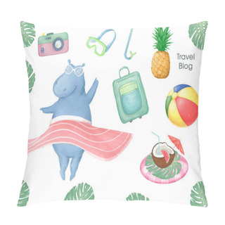 Personality  Funny Dancing Hippo Character. Travel Set. Holiday. Digital Art Animal Blue Hippopotamus. Tropical Summer Set Illustration On White Background. Pillow Covers