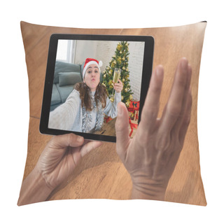 Personality  COVID-19 Virtual Christmas Celebration. Screen Tablet Image With Woman On Video Call Celebrating Virtual Christmas Online In Lockdown. Social Distancing, Quarantine Coronavirus Holidays Celebrations. Pillow Covers