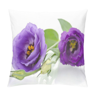 Personality  Beautiful Eustoma Flowers With Leafs And Buds On White Backgroun Pillow Covers