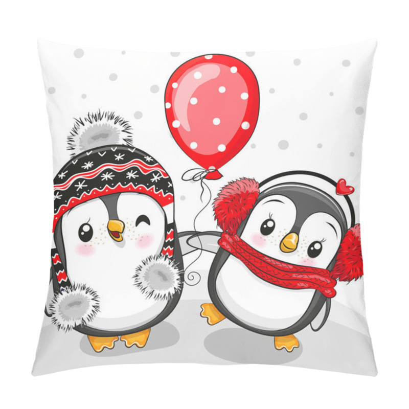 Personality  Two cute Cartoon penguins with balloon on a white and gray background pillow covers