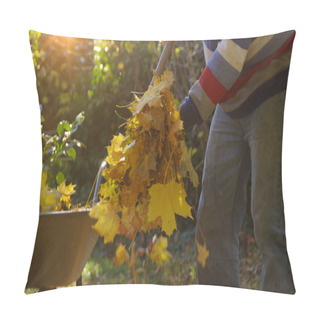 Personality  Autumn Leaf Cleaning In The Garden. The Man Rakes The Leaves In The Park And Throws It Into The Bin. Pillow Covers