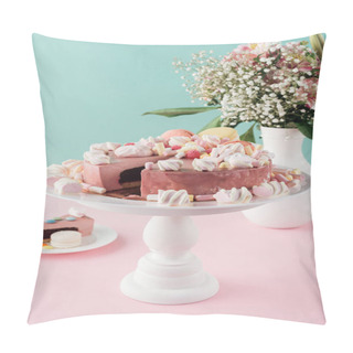 Personality  Sweet Cake With Marshmallows And Macarons On Cake Stand And Bouquet Of Flowers In Vase Pillow Covers