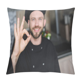 Personality  Smiling Handsome Chef Showing Okay Gesture At Restaurant Kitchen Pillow Covers