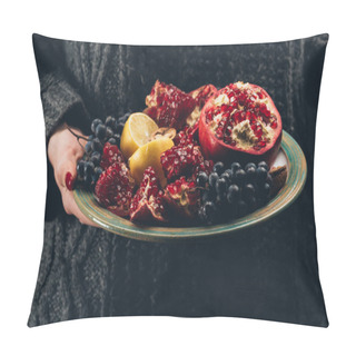 Personality  Woman Holding Plate With Fruits In Hand Pillow Covers