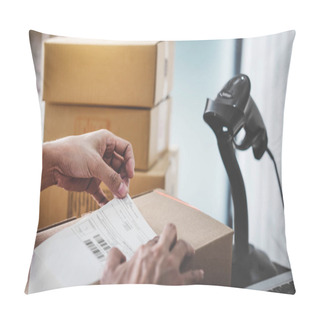 Personality  Home Delivery Service And Working Service Mind, Woman Working Install Serial Barcode To Confirm Before Sending Customer In Post Office. Pillow Covers