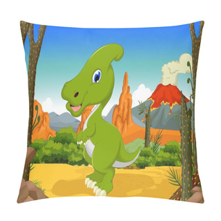 Personality  Funny Dinosaur Parasaurolophus Cartoon With Volcano Landscape Background Pillow Covers