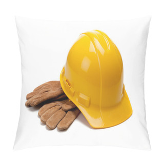 Personality  A Yellow Hard Hat And Leather Work Gloves On White Pillow Covers