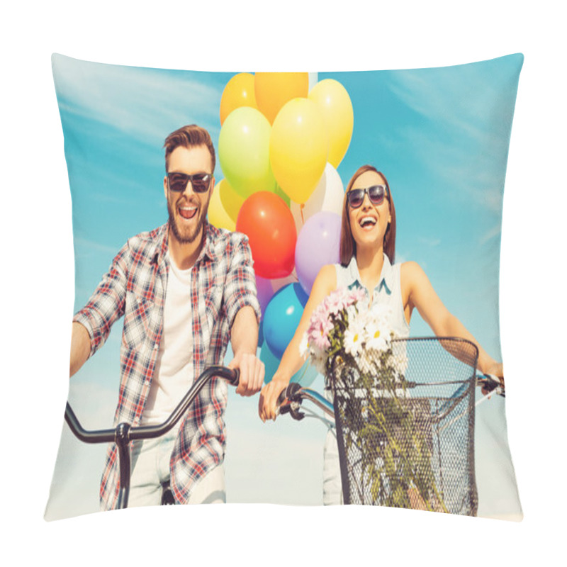 Personality  Couple Riding On Bicycles With Colorful Balloons Pillow Covers