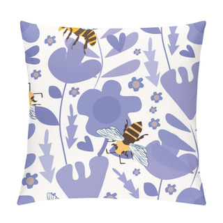 Personality  Vector Honey Bee And Purple Flower Seamless Pattern Background. Hand Drawn Striped Insect And Floral Botanical Backdrop. Garden Bug Illustration. All Over Print For Summer, Food, Conservation Concept Pillow Covers
