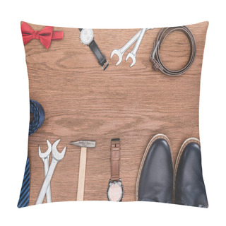 Personality  Top View Of Various Male Attributes On Wooden Surface Pillow Covers
