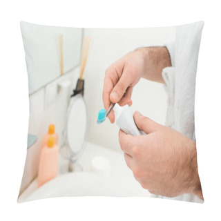 Personality  Close Up Of Male Hands Holding Toothpaste And Toothbrush Near Sink Pillow Covers