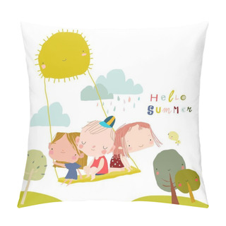 Personality  Happy Children Swinging Swing On Rays Of Sun Pillow Covers