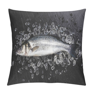 Personality  One Seabass Fish On Ice On Black Stone Background, Top View Pillow Covers