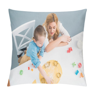 Personality  High Angle View Of Mother And Son Using Cooking Molds  Pillow Covers