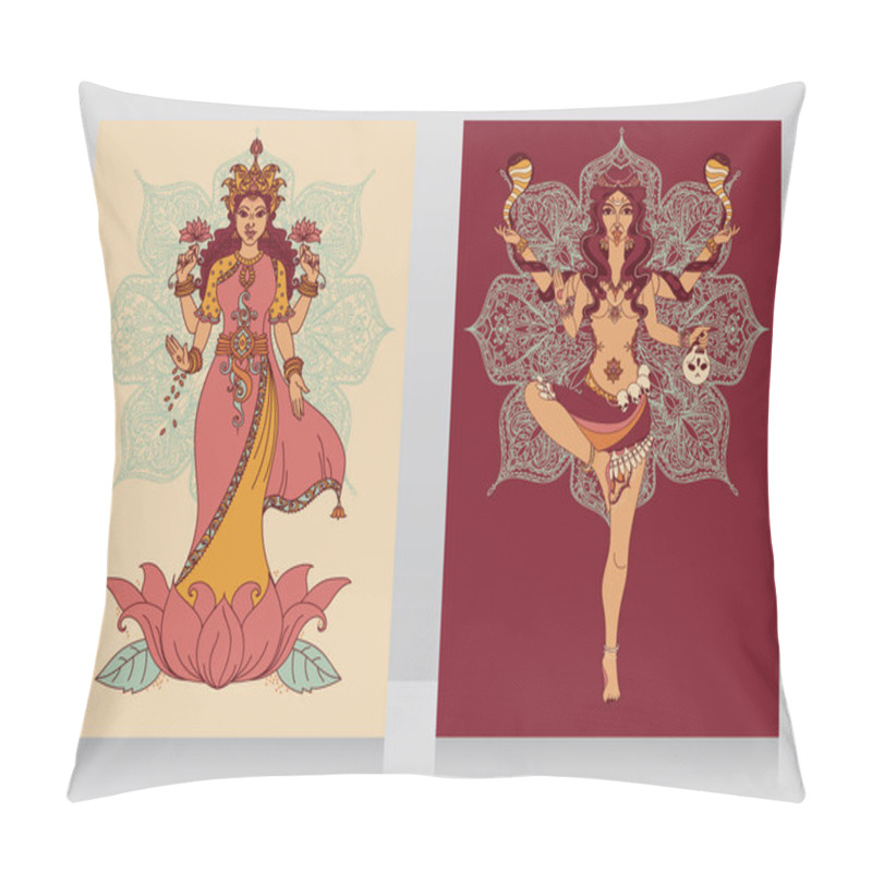 Personality  Two Cards With Indian Goddess Lakshmi And Kali And Mandala Round Ornament Pillow Covers