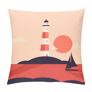 Personality  Lighthouse Flat Landscape In The Coast At Sunset, With Panoramic View Of Ocean Vector Illustration  Pillow Covers
