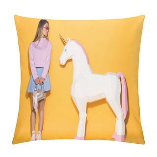 Personality  Young Asian Female Model In Sunglasses Holding Handbag And Decorative Unicorn On Yellow Background  Pillow Covers