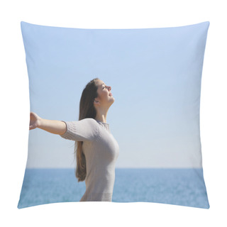 Personality  Happy Woman Breathing Deep Fresh Air And Raising Arms On The Beach Pillow Covers