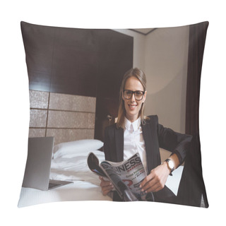Personality  Businesswoman Reading Magazine In Hotel Pillow Covers