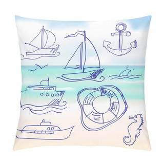 Personality  Sea And Hand-drawn Boat Set. Vector Pillow Covers