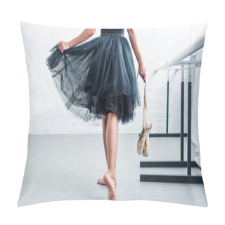 Personality  Cropped Shot Of Ballerina In Black Tutu Holding Pointe Shoes In Ballet Studio  Pillow Covers