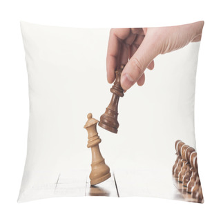 Personality  Partial View Of Man Holding Brown Queen Near Beige Queen On Wooden Chessboard Isolated On White Pillow Covers