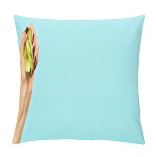 Personality  Unknown Woman With Nail Polish Squeezing Green Fresh Kiwi In Her Hand On Vivid Blue Backdrop, Banner Pillow Covers