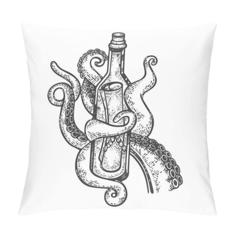 Personality  Octopus tentacles with message in bottle sketch engraving vector illustration. Scratch board style imitation. Black and white hand drawn image. pillow covers