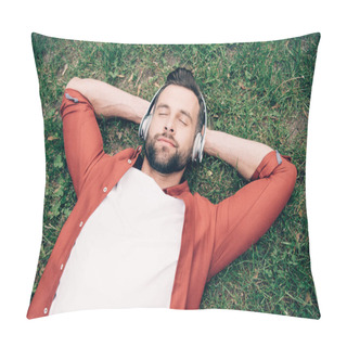Personality  Young Man With Closed Eyes Lying On Grass With Hands Behind Head And Listening To Music Pillow Covers