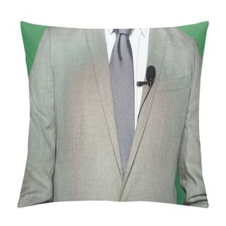 Personality  Cropped View Of News Anchor In Suit And Clip Microphone Standing On Green  Pillow Covers